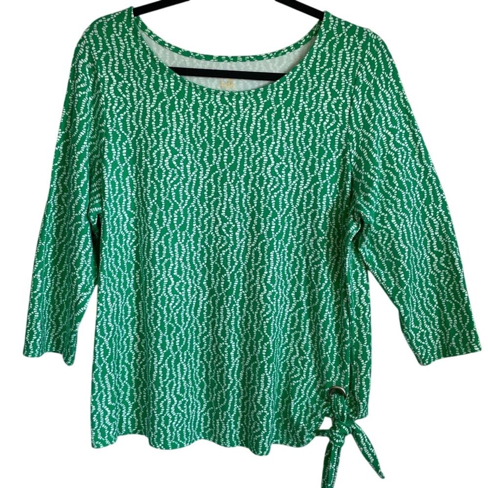 Belle by Kim Gravel Top Sz M 3/4 Sleeves Abstract Green White Side Tie Casual